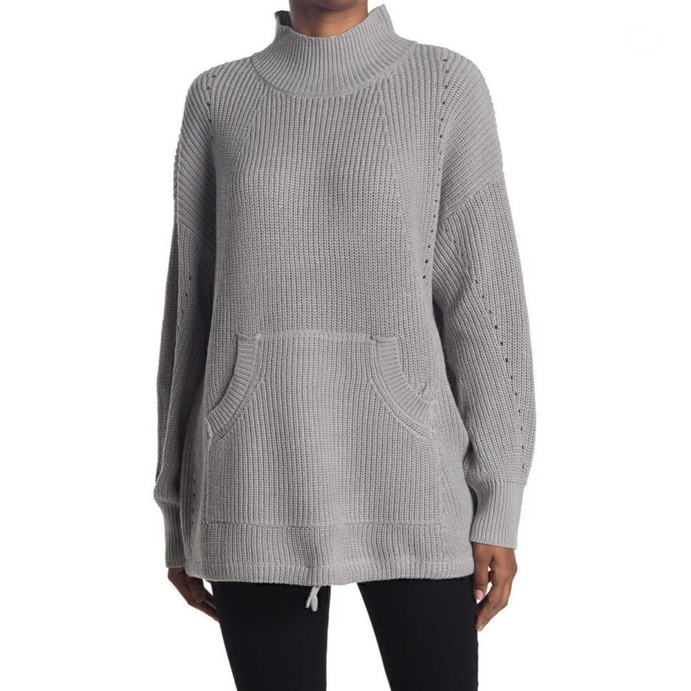 NWT RDI Mock Neck Kangaroo Pocket Ribbed Tunic Sweater In Grey Size XS